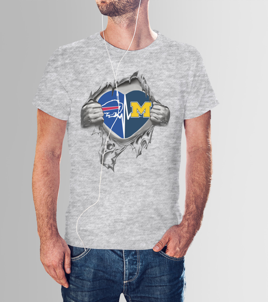 Buffalo Bills Michigan Wolverines Heartbeat Ripped Heart T-Shirt