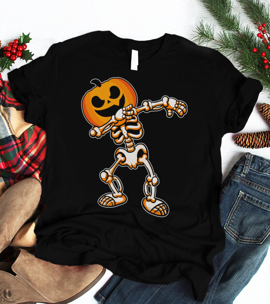 Dabbing Skeleton With Pumpkin Head Halloween Humor T-Shirt
