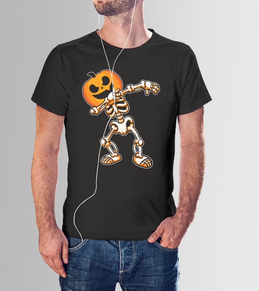Dabbing Skeleton With Pumpkin Head Halloween Humor T-Shirt