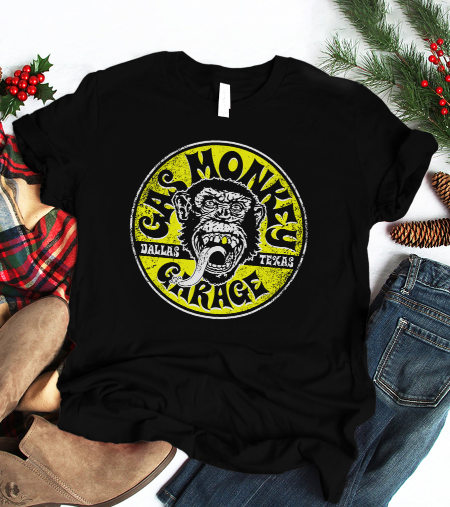 Gas Monkey Garage Dallas Texas Logo Monkey Tongue Circle Yellow T-Shirt