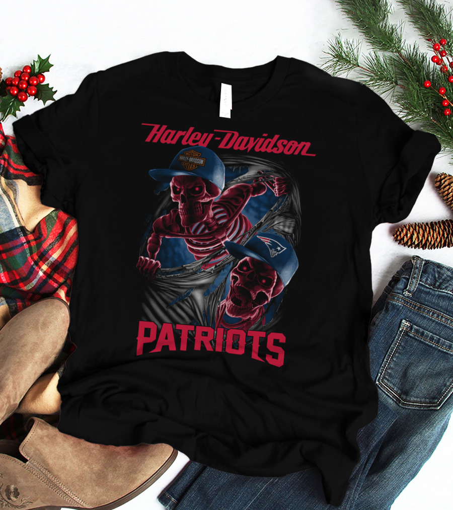 Harley Davidson Patriots Skeletons Breaking Through New England Caps T-Shirt