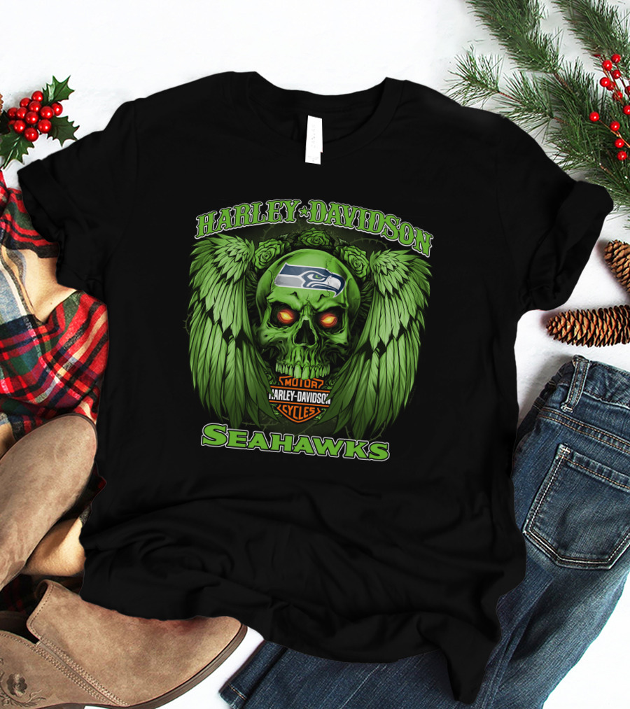 Harley Davidson Motor Cycles Seattle Seahawks Skull Wings T-Shirt