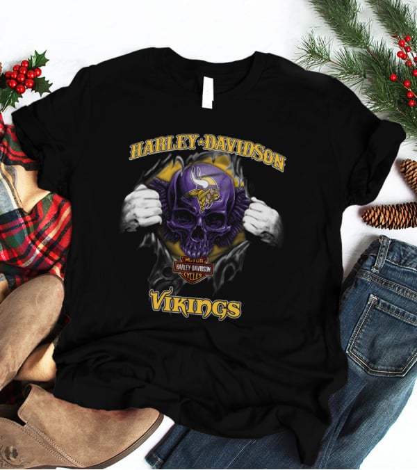 Harley Davidson Nfl Skull Minnesota Vikings Cycles T-Shirt