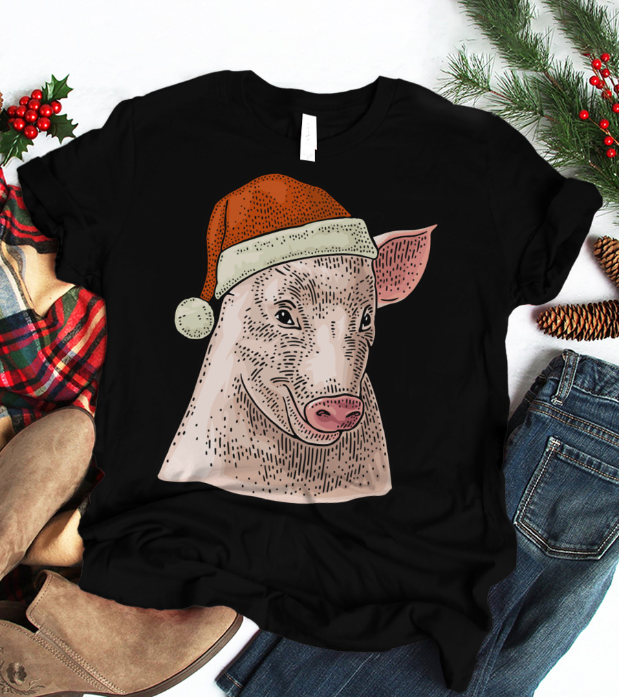 Pig In Santa Claus Cap Christmas T-Shirt