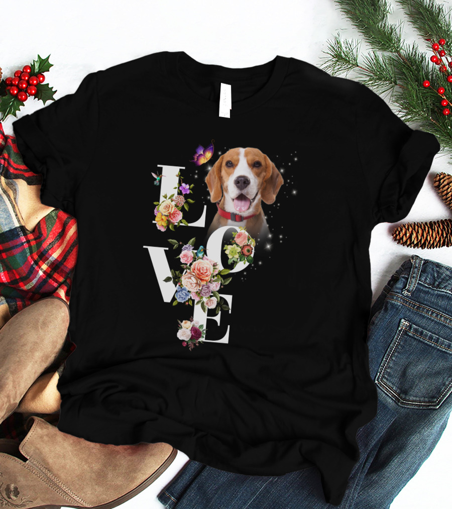 LOVE Beagle Floral Butterfly T-Shirt
