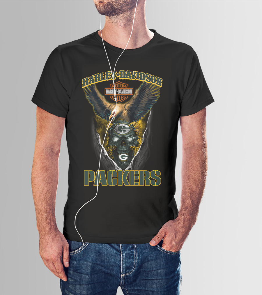 Harley Davidson Motorcycles Green Bay Packers Eagle And Skull T-Shirt