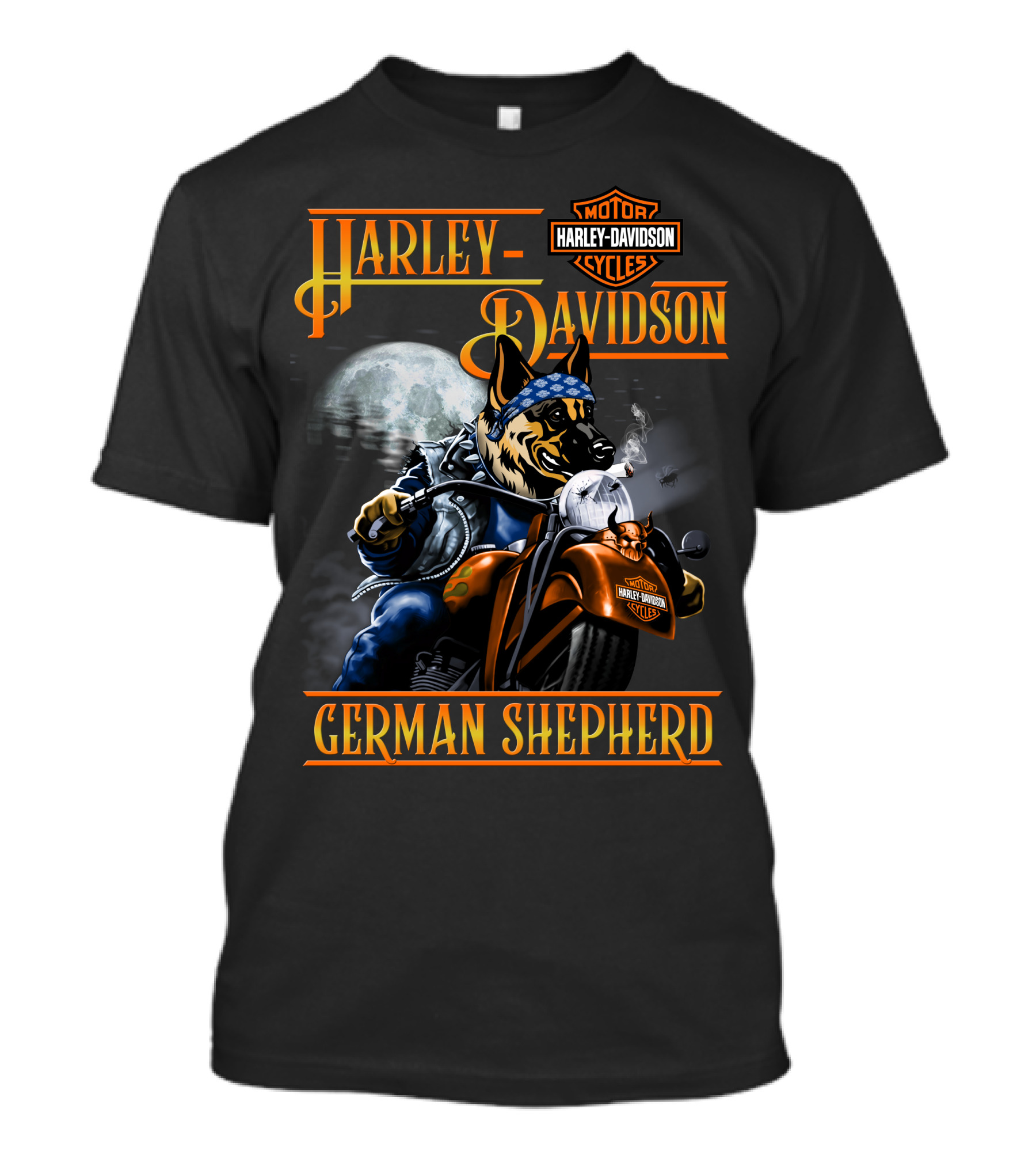 Harley Davidson Motor Cycles German Shepherd Riding Motorcycle Full Moon T-Shirt