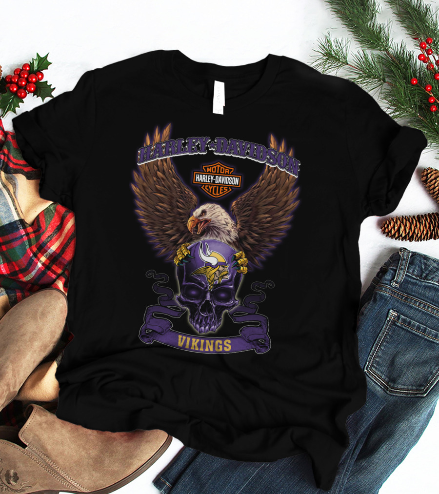 Harley Davidson Motor Cycles Minnesota Vikings Eagle Purple Skull T-Shirt