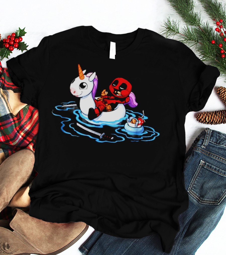 Deadpool Relaxing On Inflatable Unicorn With Rubber Duck And Swords T-Shirt