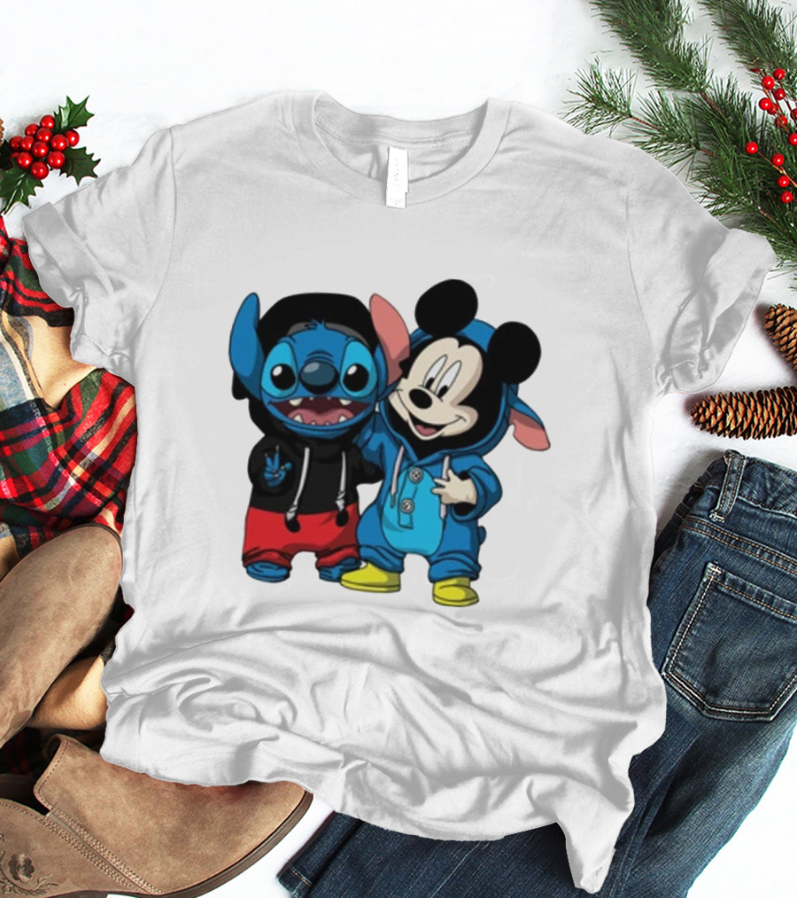 Mickey Mouse And Stitch In Hoodies T-Shirt