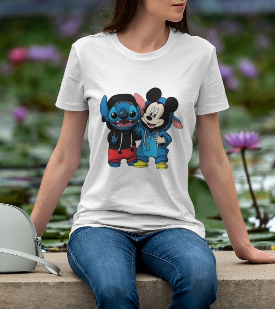 Mickey Mouse And Stitch In Hoodies T-Shirt