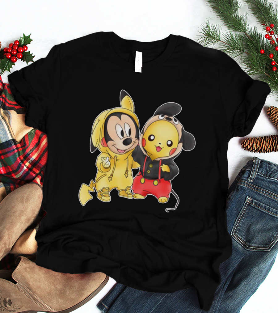 Mickey Pikachu Crossover Characters In Hoodie Costumes T-Shirt