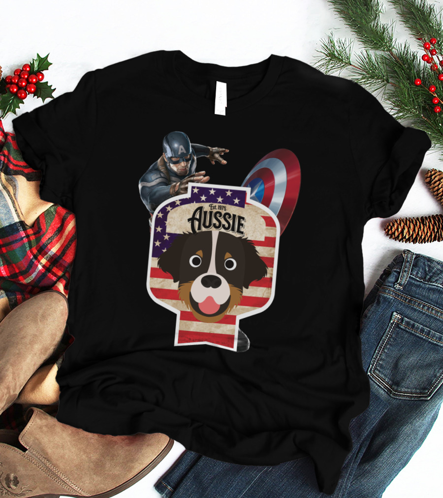 Aussie Australian Shepherd Est. 1975 Captain America Shield Stars And Stripes T-Shirt