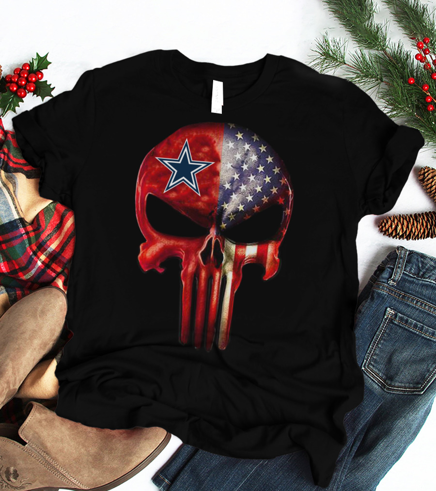 For True Dallas Fan Only Patriotic Skull With American Flag And Star T-Shirt
