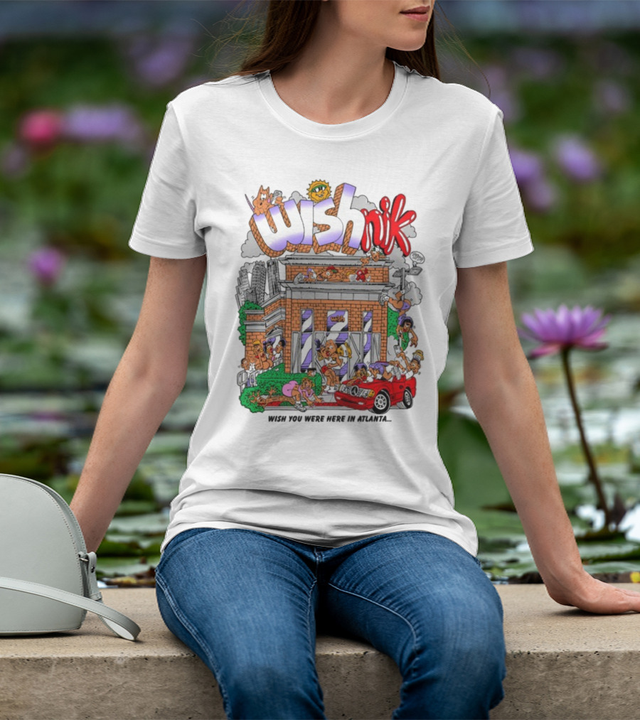 Wishnik Wish You Were Here In Atlanta Cartoon Car Crowd Scene T-Shirt