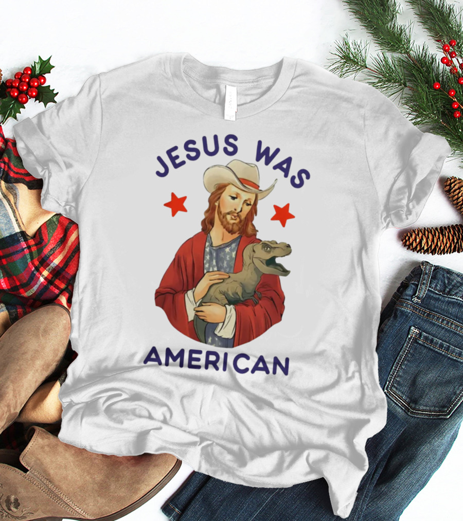 Jesus Was American Holding Dinosaur In Cowboy Hat With Stars T-Shirt