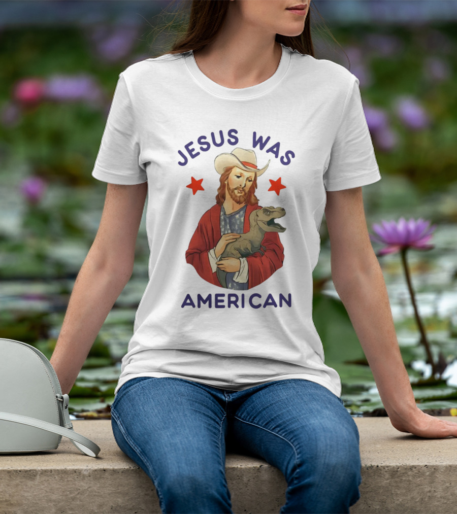 Jesus Was American Holding Dinosaur In Cowboy Hat With Stars T-Shirt