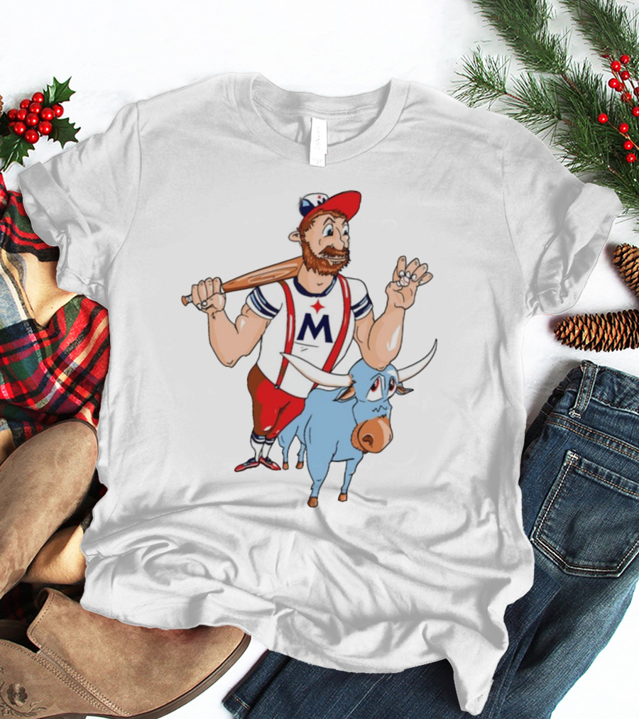 Barret Lee Paul Bunyan Cartoon Baseball Mascot With Blue Ox Babe And M T-Shirt