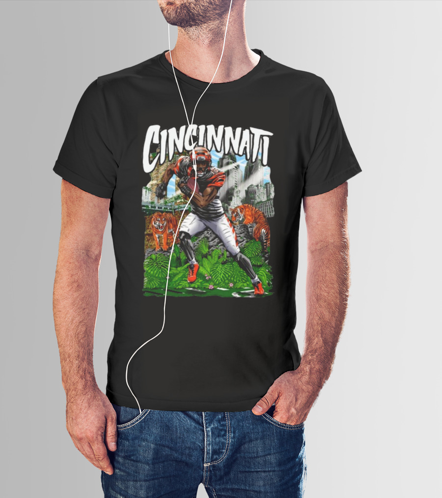 Cincinnati Jungle Football Player With Tigers And City Skyline T-Shirt