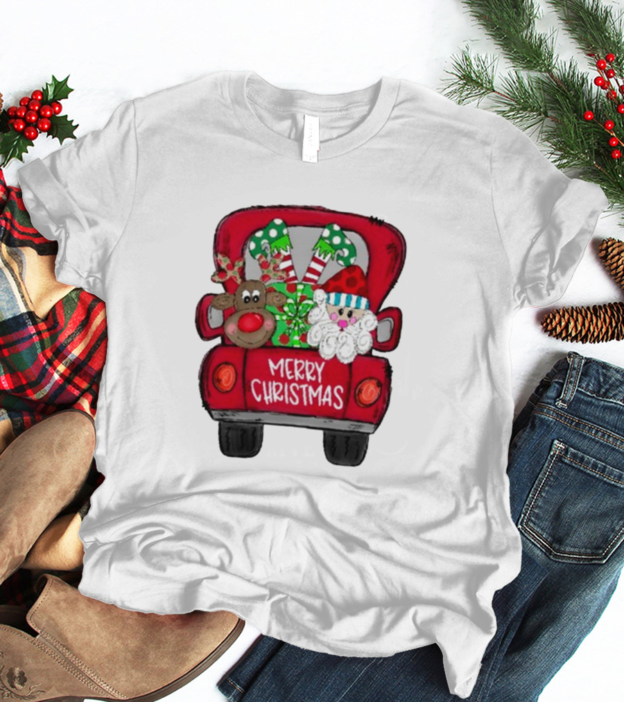Merry Christmas Santa And Reindeer With Presents In Truck T-Shirt
