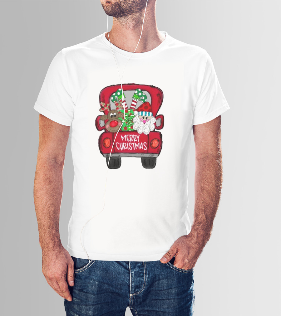 Merry Christmas Santa And Reindeer With Presents In Truck T-Shirt