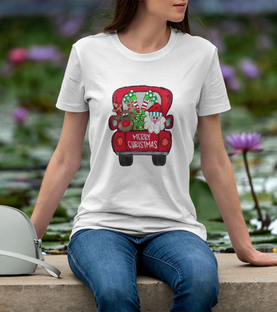 Merry Christmas Santa And Reindeer With Presents In Truck T-Shirt