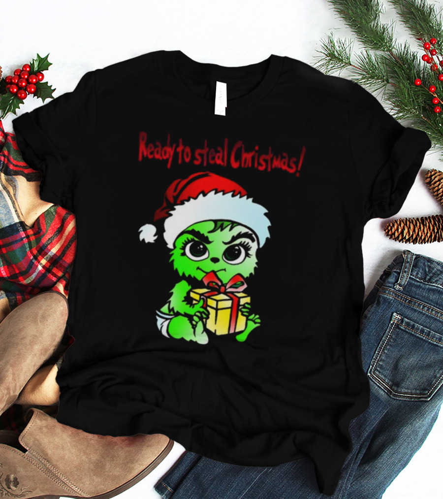 Cathygraphics3 Ready To Steal Christmas Green Santa Hat Gift T-Shirt