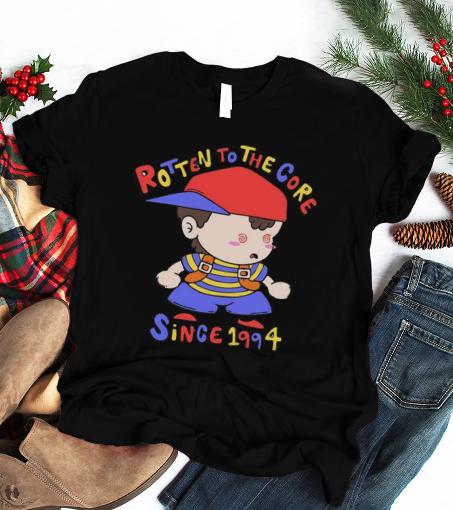 Rotten To The Core Since 1994 Cartoon Character With Red Cap And Striped T-Shirt