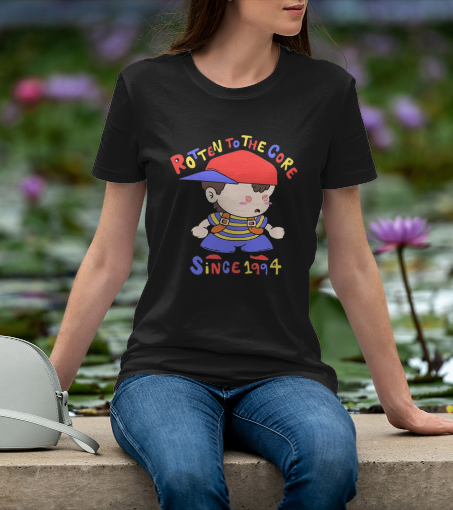 Rotten To The Core Since 1994 Cartoon Character With Red Cap And Striped T-Shirt