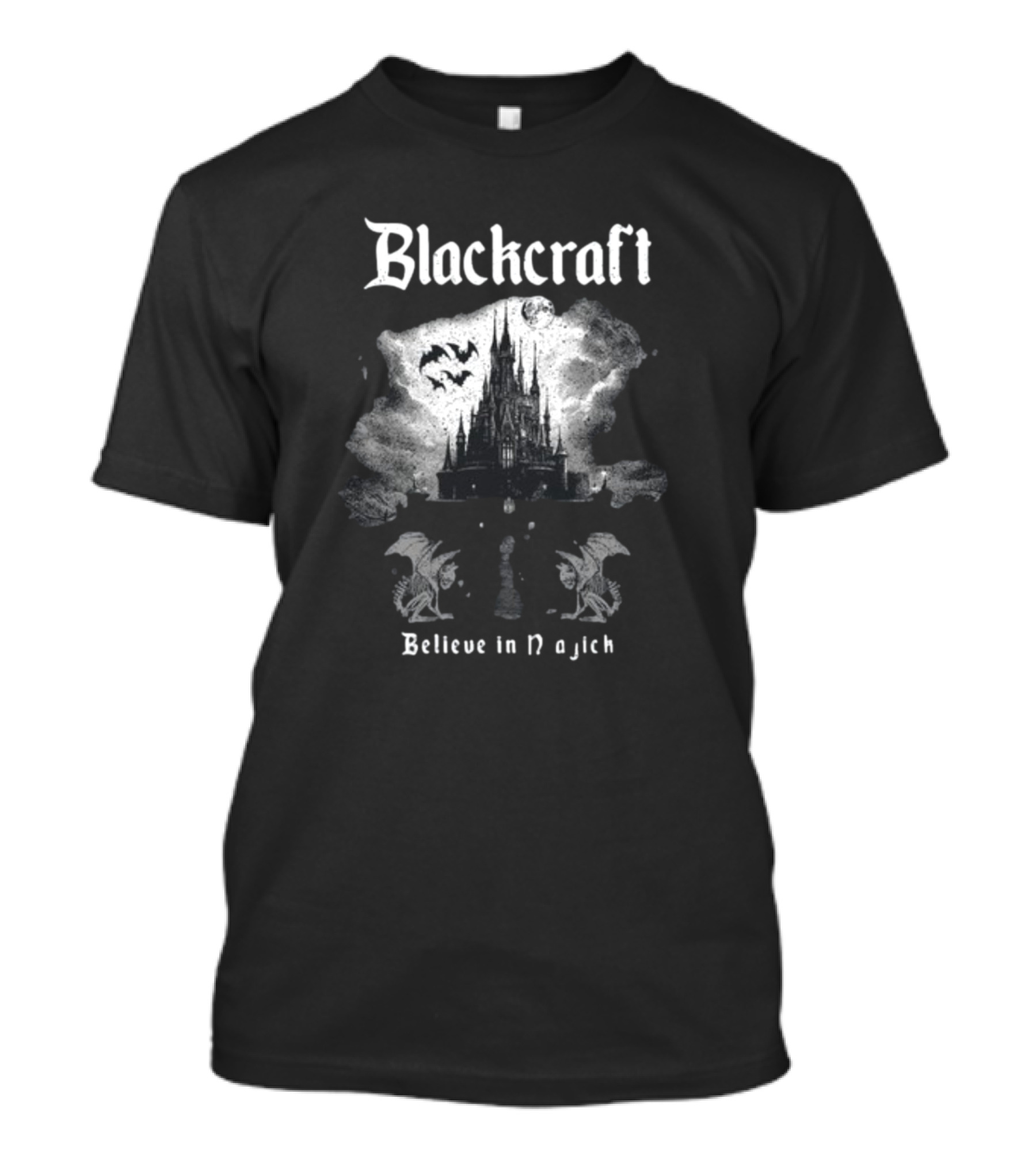 Blackcraft Believe In Magick Gothic Castle With Bats And Gargoyles T-Shirt
