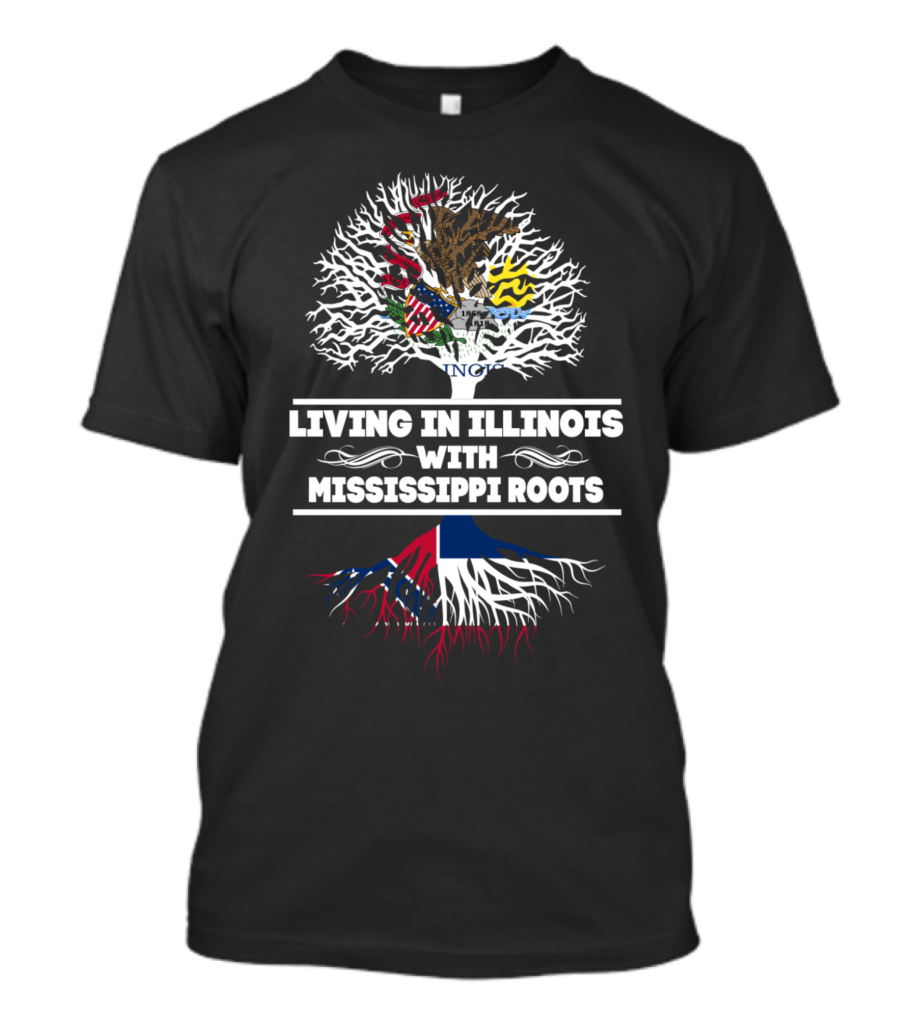 Illinois And Mississippi Heritage With State Emblems And Roots Motif T-Shirt