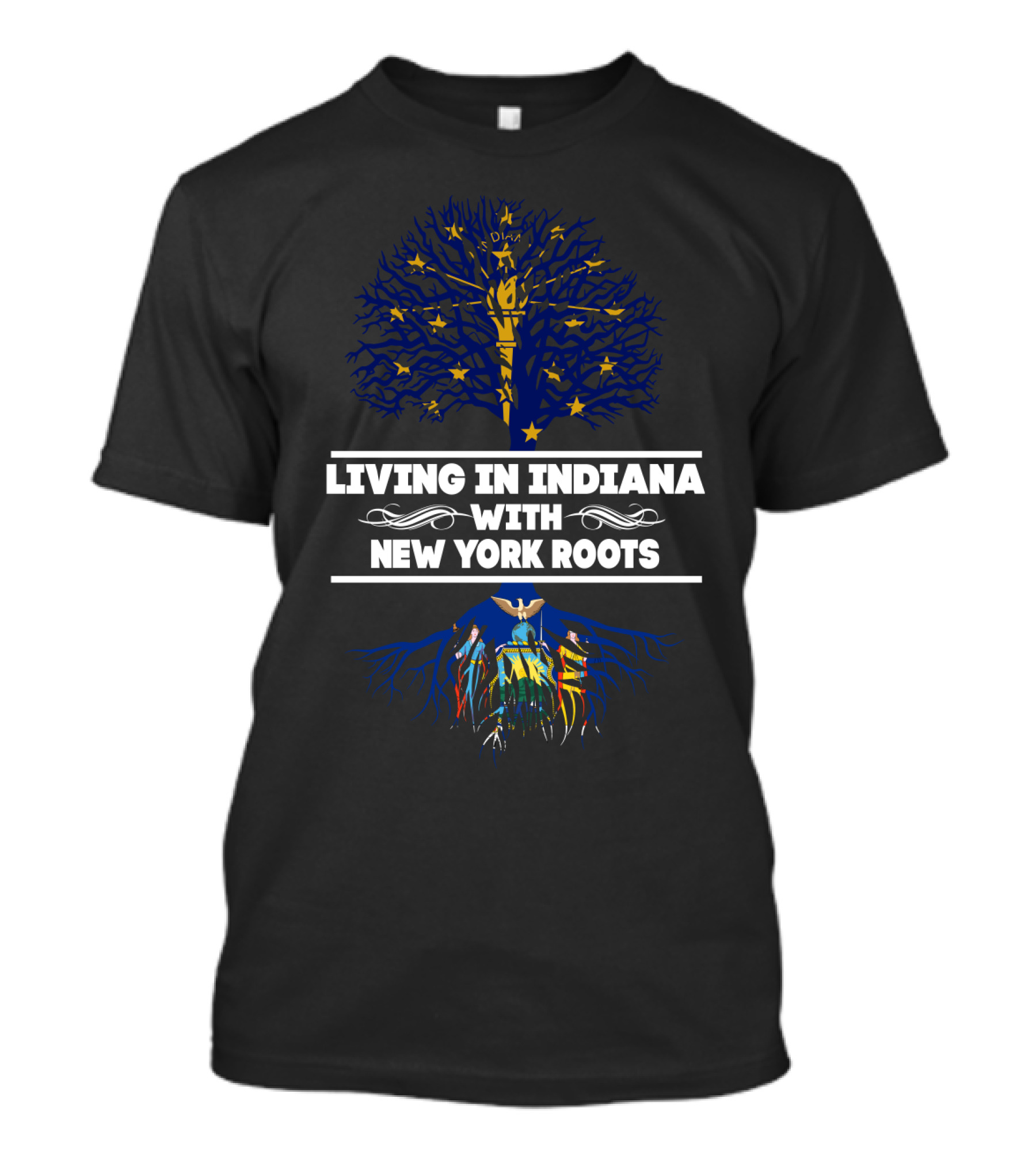 Indiana Life With New York Roots Featuring Iconic State Symbols And Heritage Tree T-Shirt