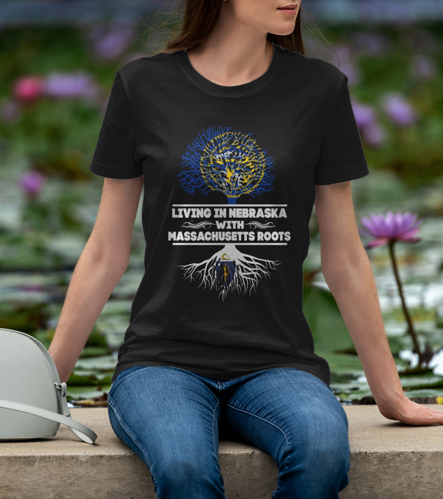Nebraska Living With Massachusetts Roots Featuring State Seals And Tree T-Shirt