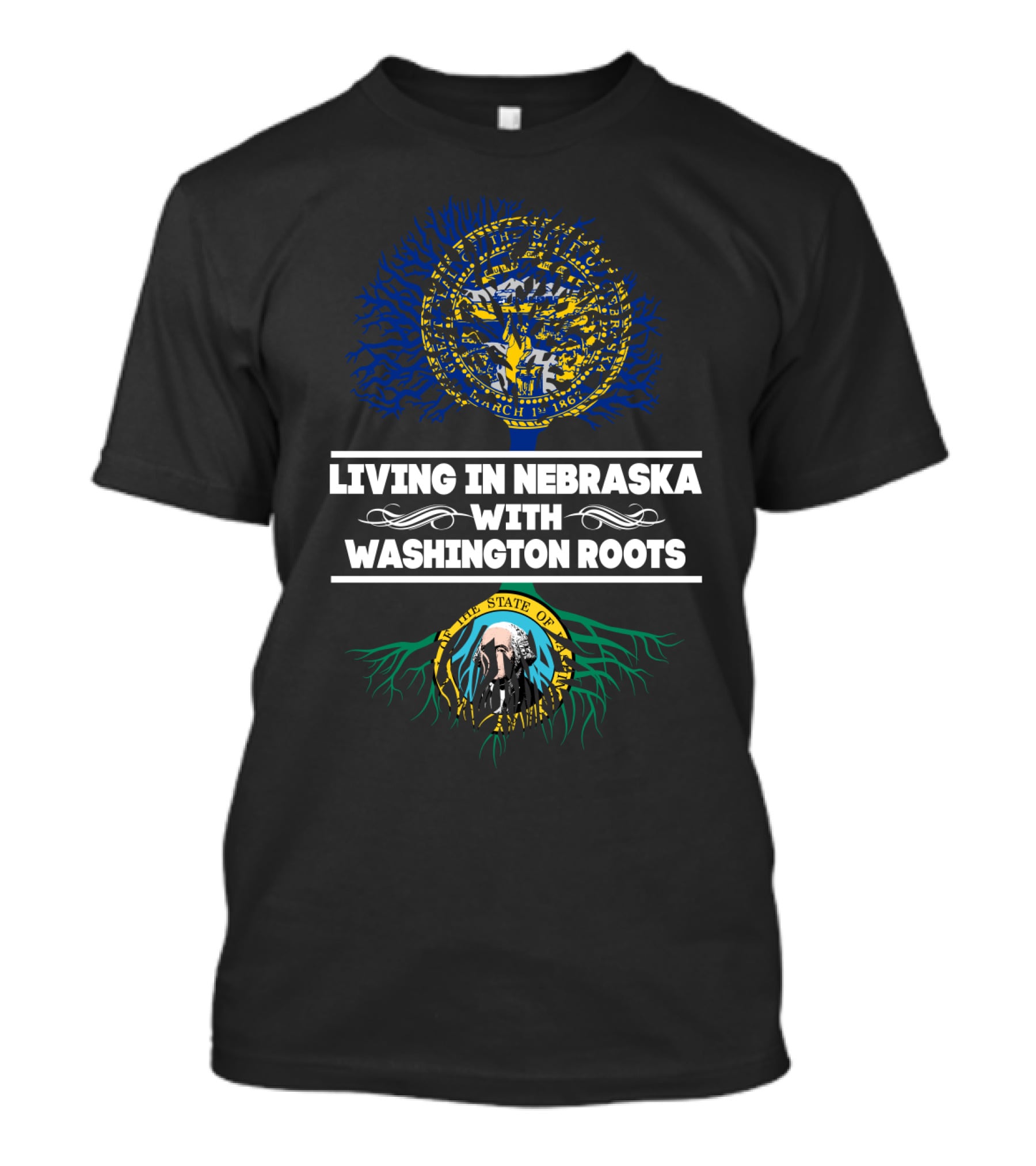 Living In Nebraska With Washington Roots State Seals And Tree T-Shirt