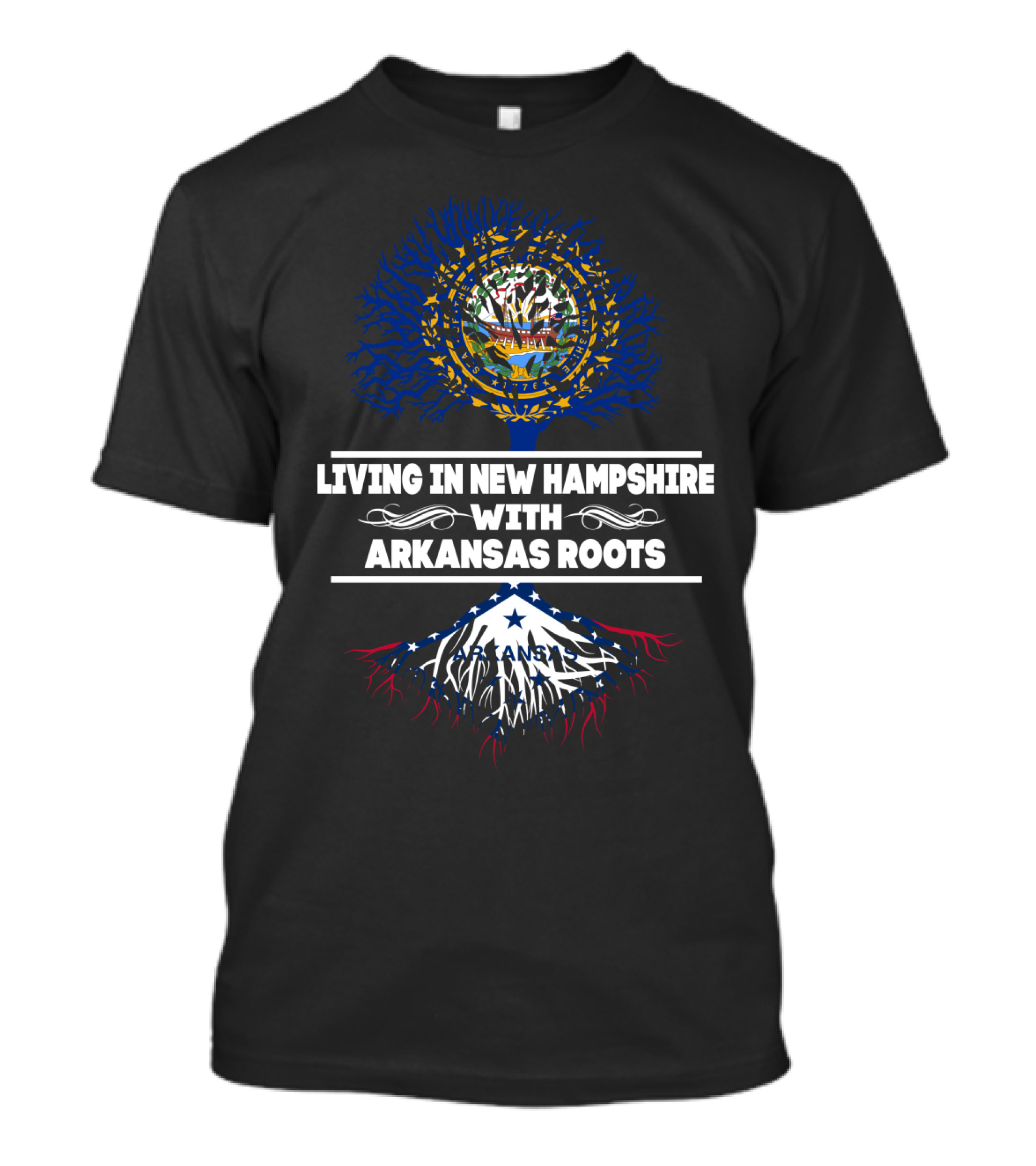 New Hampshire Living With Deep Arkansas Roots Symbolized By State Flags And Tree T-Shirt