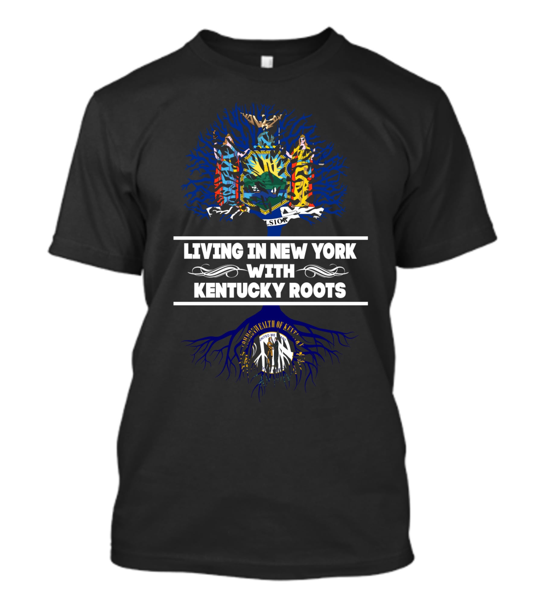 New York State Seal Top With Commonwealth Of Kentucky Bottom Roots Connection T-Shirt