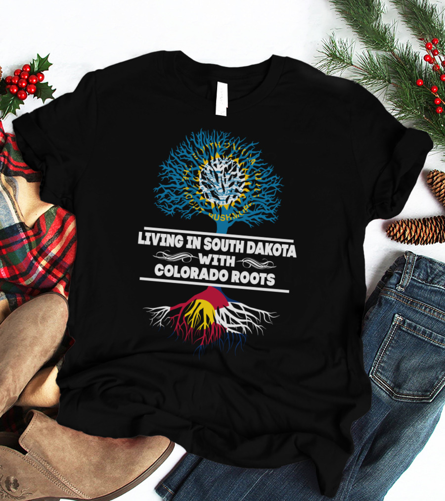 Living In South Dakota With Colorado Roots Tree With Nature Motif And Colorado Flag Colors T-Shirt