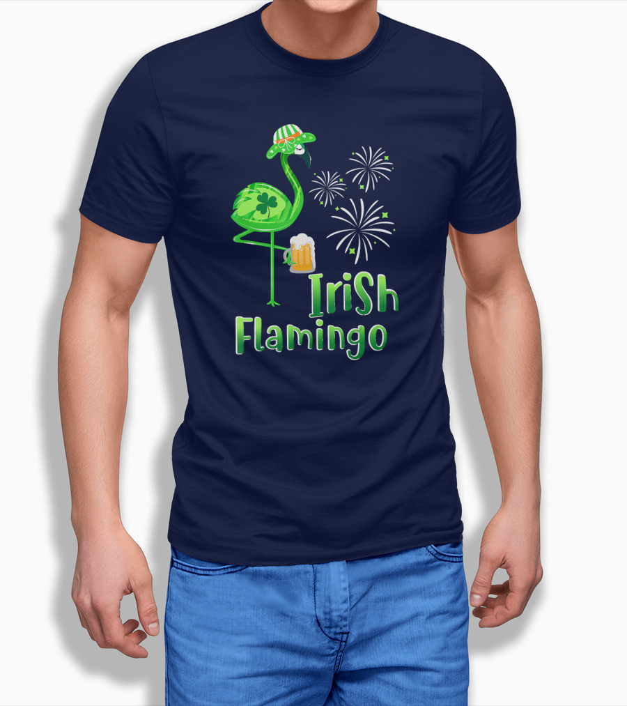 Irish Flamingo Drinking Beer St Patricks Day Shamrock Fireworks T-Shirt