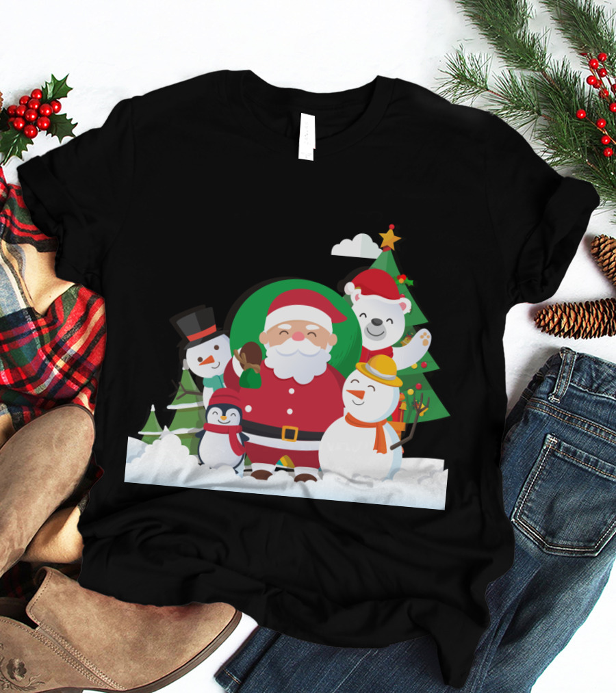 Christmas With Santa Claus Snowman Penguin Polar Bear Festive Scene T-Shirt