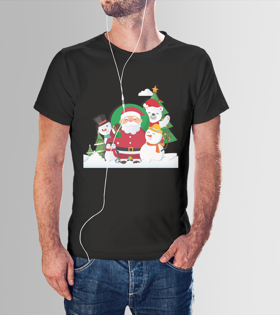 Christmas With Santa Claus Snowman Penguin Polar Bear Festive Scene T-Shirt