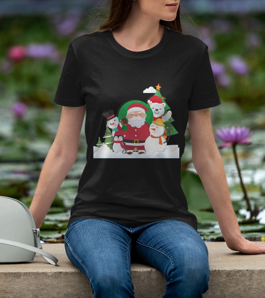 Christmas With Santa Claus Snowman Penguin Polar Bear Festive Scene T-Shirt