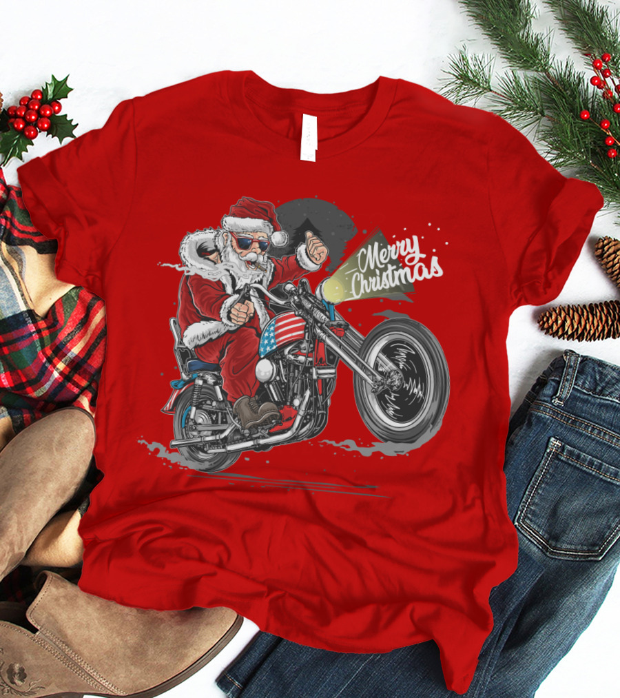 Merry Christmas Santa Claus Motorcycle USA America T-Shirt