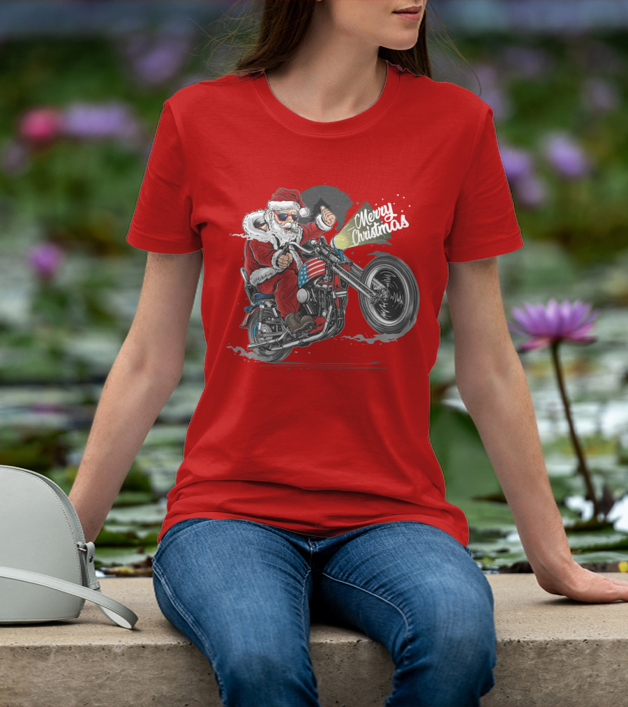 Merry Christmas Santa Claus Motorcycle USA America T-Shirt