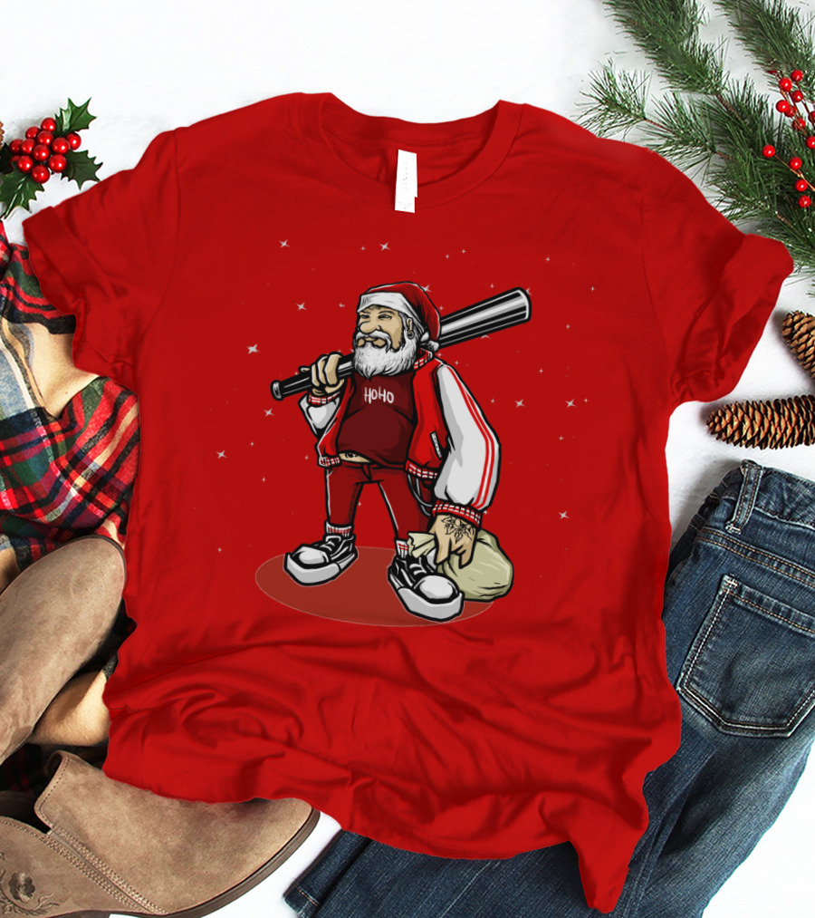 Santa Ho Ho Gangster Style With Baseball Bat And Bag T-Shirt