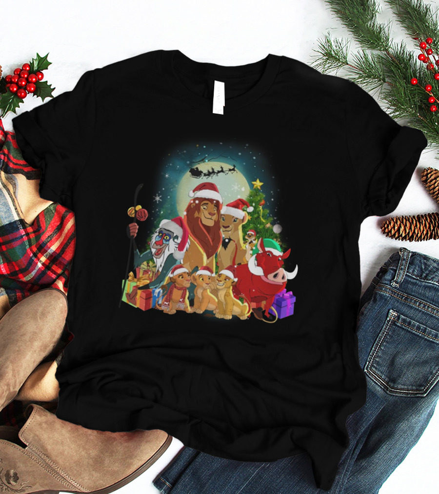 The Lion King Merry Christmas Santa Hats Moon And Sleigh T-Shirt