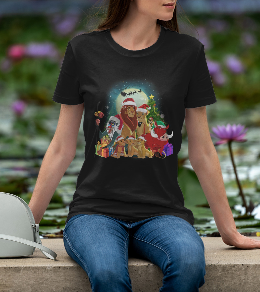 The Lion King Merry Christmas Santa Hats Moon And Sleigh T-Shirt