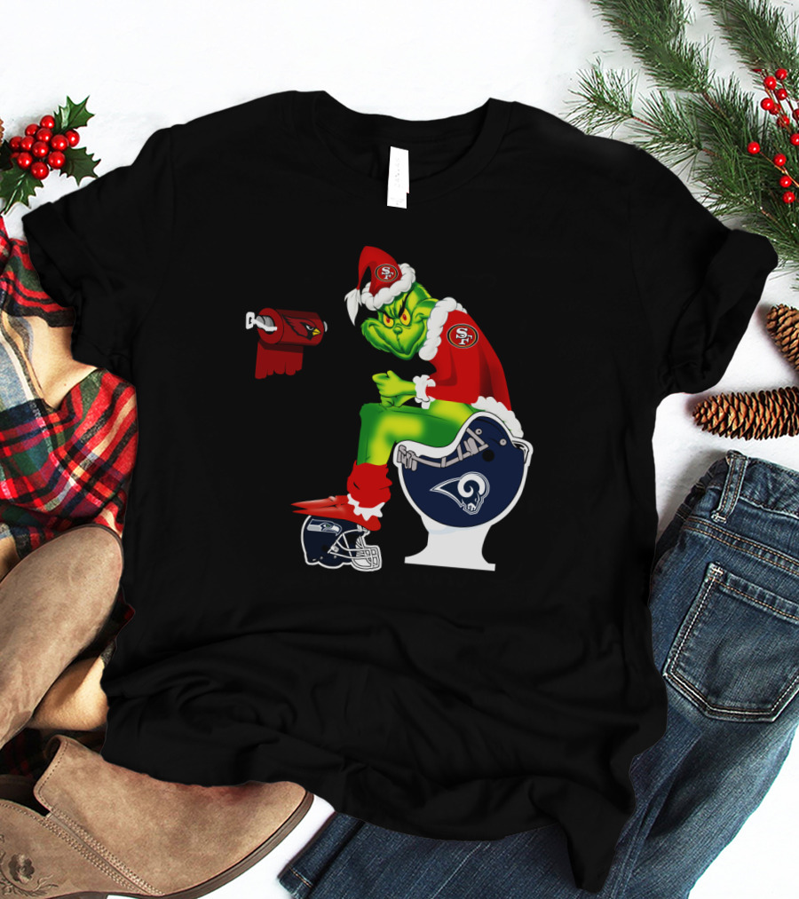 49ers Grinch On Rams Toilet With Cardinals Toilet Paper Seahawks Helmet T-Shirt