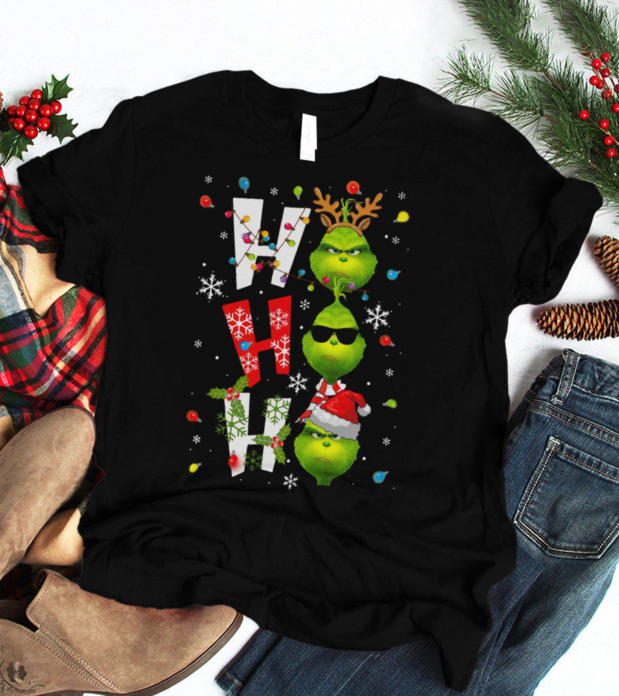 Ho Ho Ho Grinch Christmas Lights Antlers Hat Sunglasses Snowflakes T-Shirt