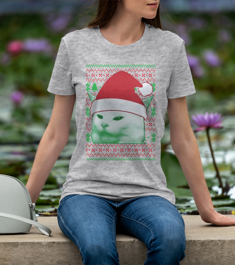 Santa Hat Cat Meme Christmas Pattern Raglan T-Shirt