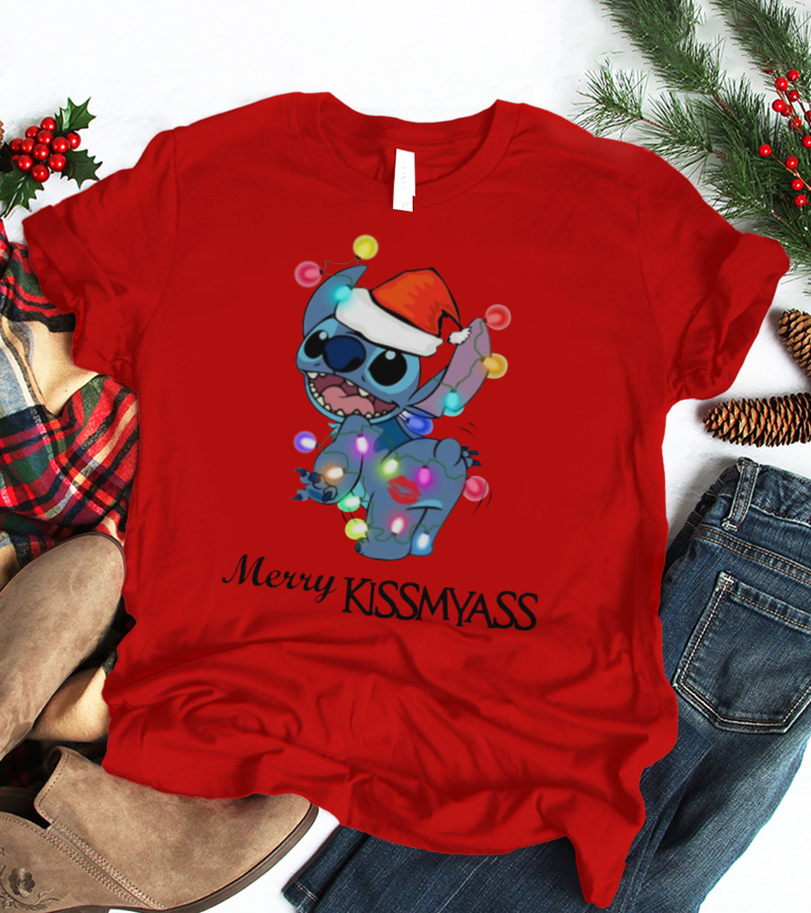 Merry Kissmyass Christmas Stitch Santa Hat Lights T-Shirt
